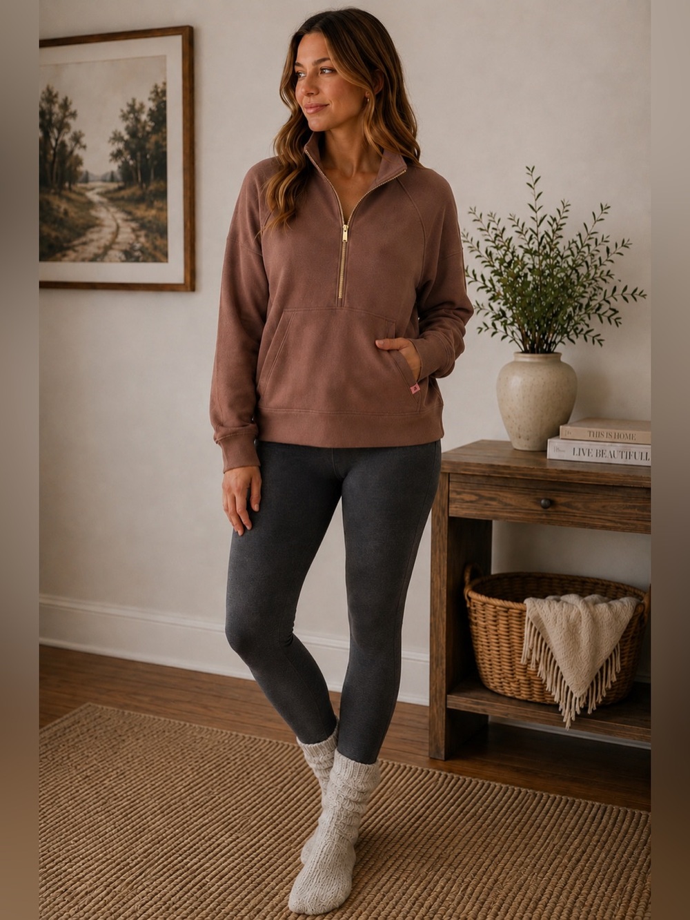 Simply Southern Warm Brown with Gold Quarter-Zip Cowl Pullover